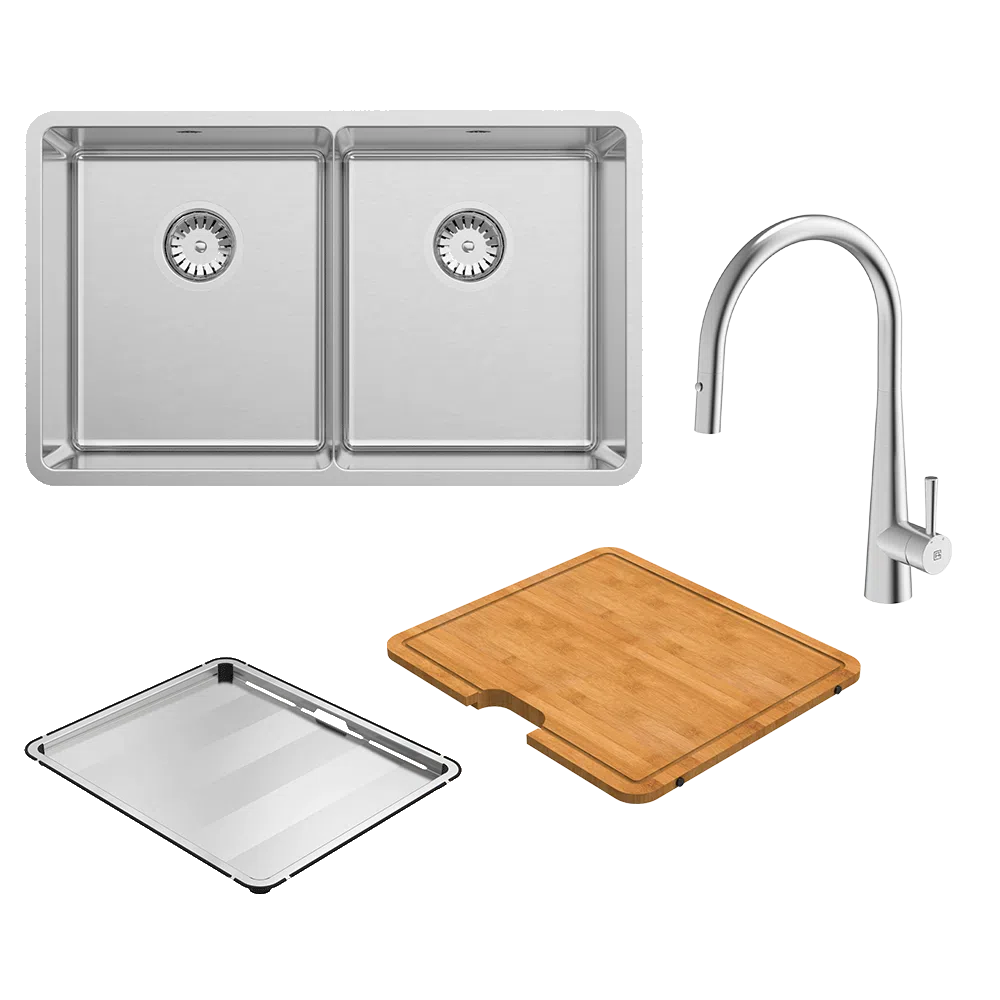 Abey Lucia Double Bowl with KTA014-BR Kitchen Mixer, Drain Tray + Cutting Board