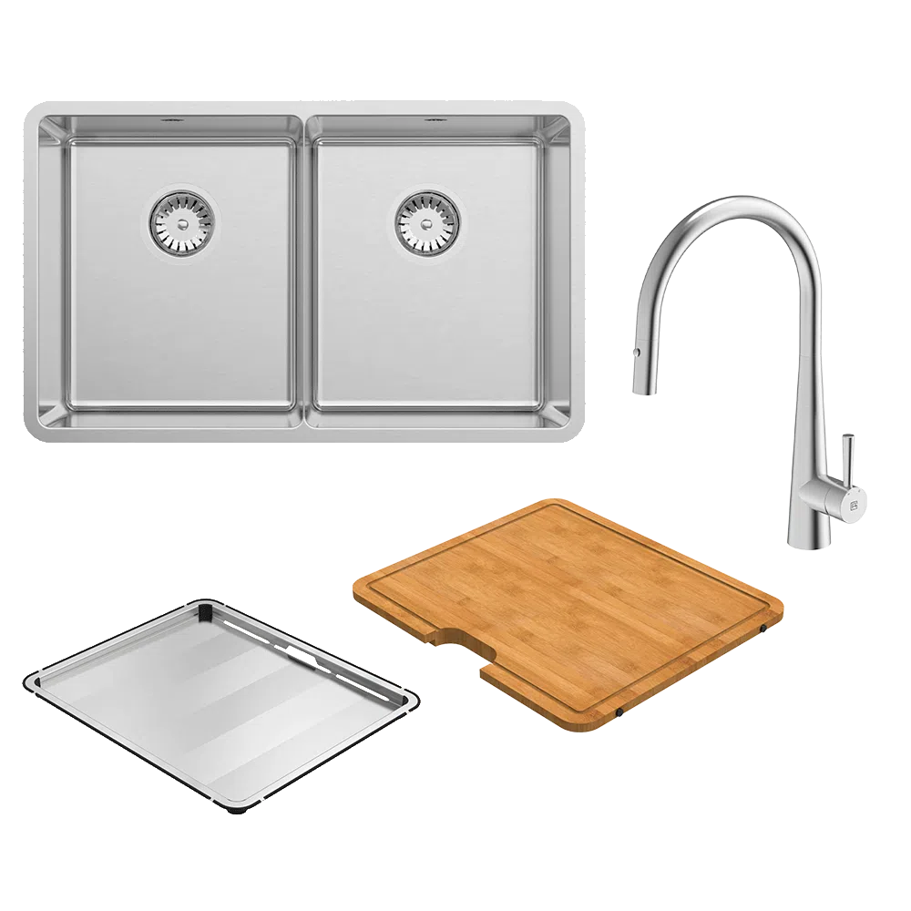 Abey Lucia Double Bowl with KTA014-BR Kitchen Mixer, Drain Tray + Cutting Board