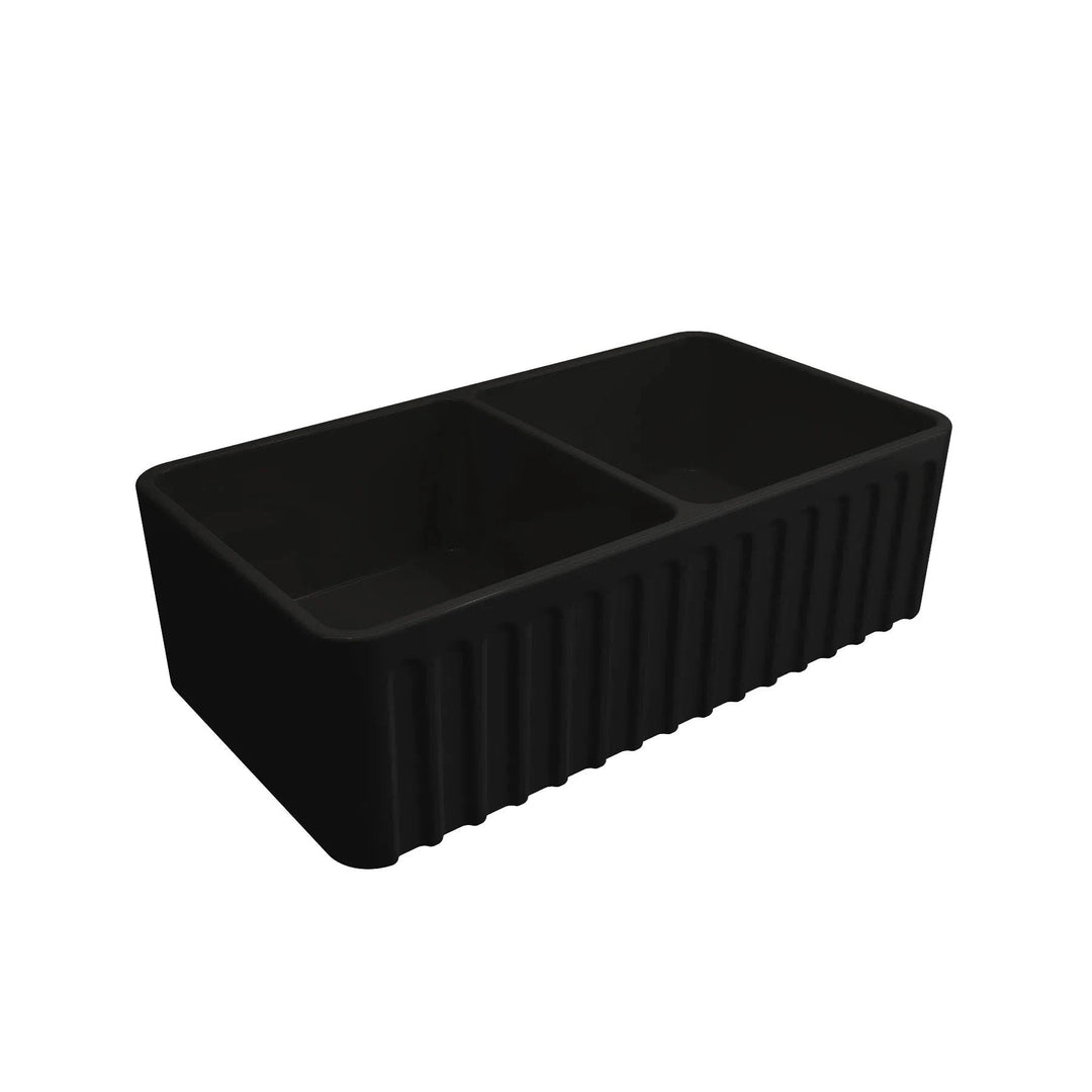 Turner Hastings Novi 85 x 46 Double Bowl Fine Fireclay Butler Sink – Matte Black Double-Sided Flat Front and Ribbed Front